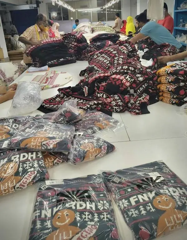 Christmas sweater production at a Bangladesh sweater manufacturer