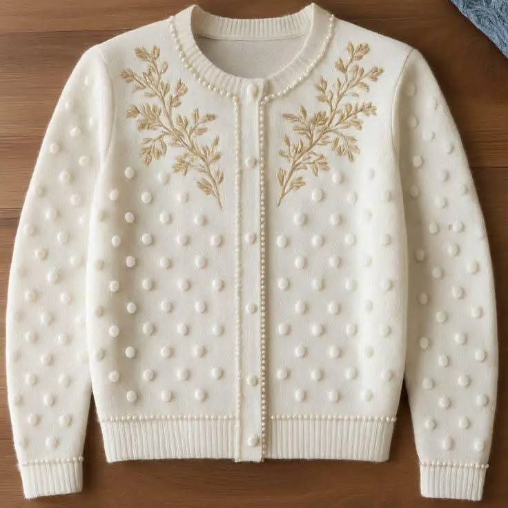 Ivory cardigan with pearl trim and gold floral embroidery — Bangladesh womenswear knitwear sample