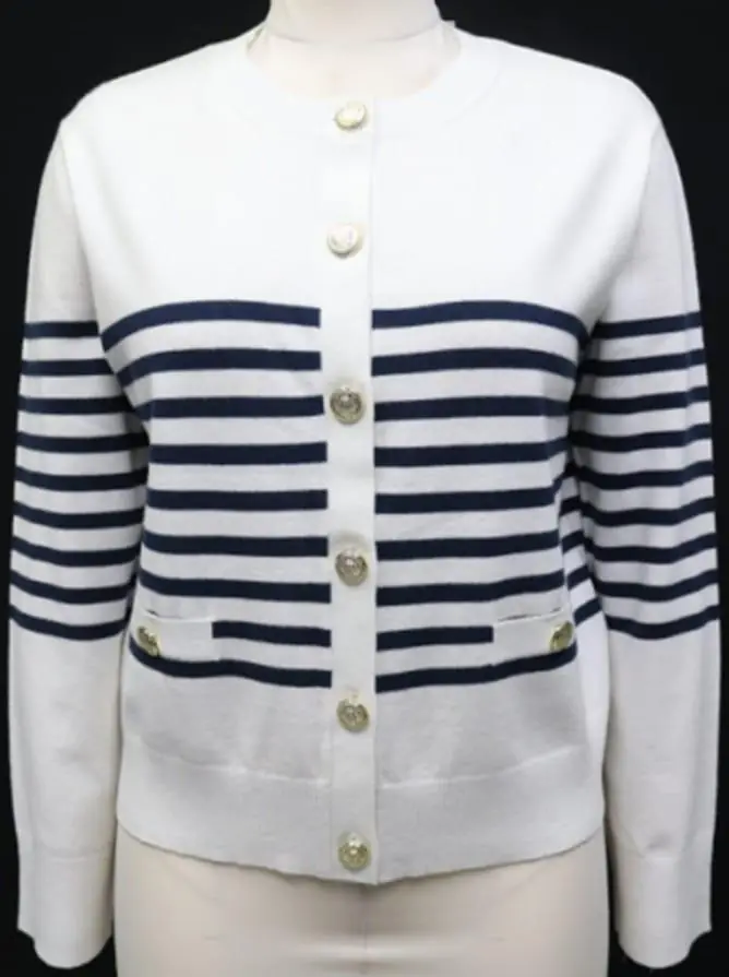 White and navy striped button cardigan — Bangladesh womenswear knitwear sample